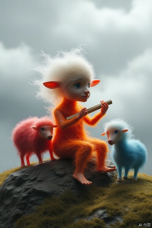 a cute little goatherd girl, sitting on a rock on the hill top and playing flute. Different colored puffy round sheep are around her. one sheep is red, one sheep is blue, one sheep is pink, one sheep is orange, one sheep is aquamarine. , made of wool, 