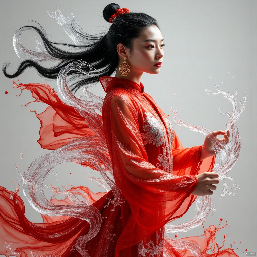  masterpiece, best quality, highly detailed, (photorealistic:1.4), (upper body shot), (upper body view), 1girl,red hanfu, (clothing out of ultra-thin transparent invisible fabric:0.7),26 year old girl,mature *****,earrings,best quality,(photorealistic),transparent,the details are sharp yet possess an organic quality,and there's a subtle grain that adds a layer of depth and authenticity. (masterpiece, top quality, best quality, beautiful and aesthetic:1.2),((upper body)),long hair,black hair,earrings,cute,extreme detailed,(abstract,fractal art),highest detailed,lightning,(water:1.2),(splash_art:1.2),jewelry:1.2,scenery,ink,white wedding dress,high heels, Miao clothing, hhfhb, daxiushan,春节