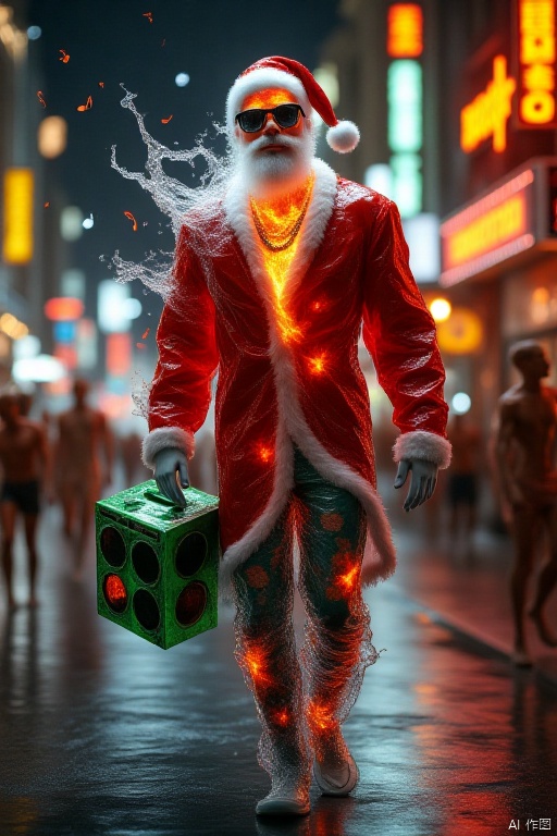 Aesthetics art,A festive scene featuring a cityscape with bright neon lights and signs, a male figure dressed as Santa Claus, wearing sunglasses, a red Santa hat, and a red coat with white trim, carrying a large green boombox on his shoulder, he sports a white beard, gold jewelry, and colorful floral pants, the atmosphere is lively with people in summer attire walking around, vibrant colors dominate the image, such as red, green, and yellow, musical notes float in the air, suggesting a sense of celebration and music, the perspective is street-level and dynamic.
