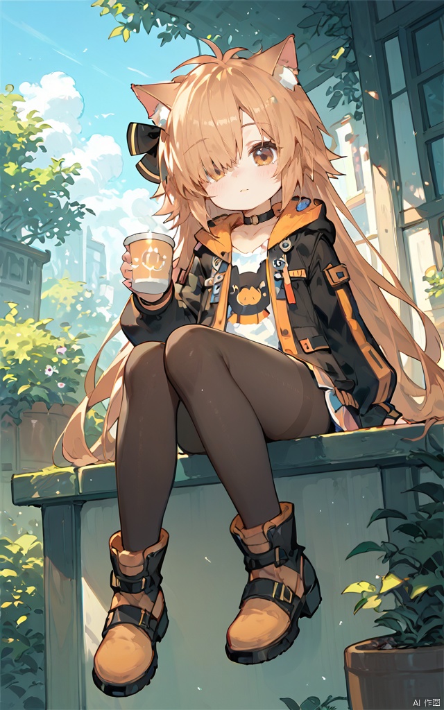 (score_9,score_8_up,score_7_up),outdoor,loli,toynya1,1girl,solo,light brown long hair with cat ears,brown eyes,hair over one eye,black choker,sitting, jacket, pantyhose, boots, shoes,cup, animal, cat ear brown thigh boots, holding cat