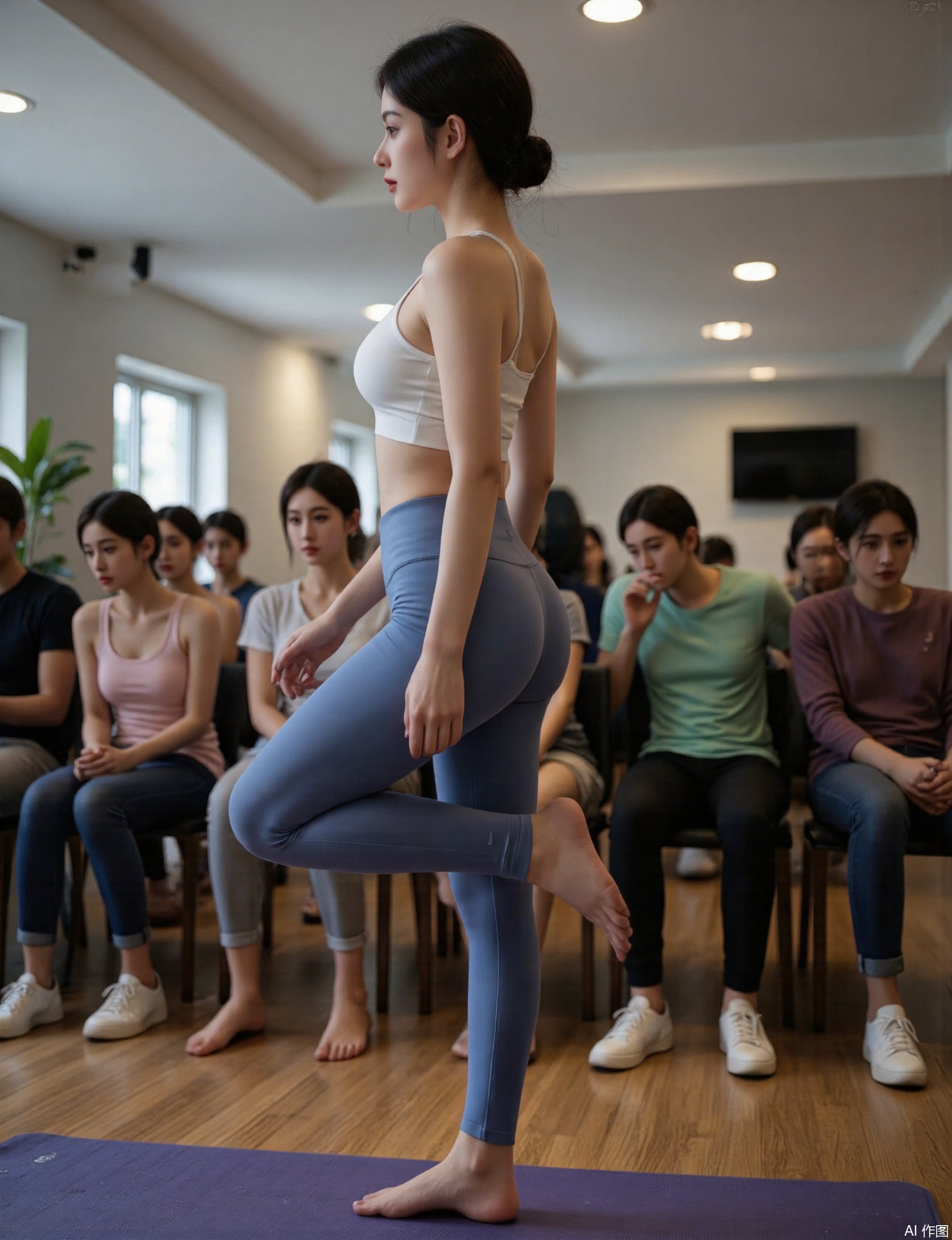 Ultra photoreal, Insane Details, 32K, Realistic,
A girl in yoga pants standing and watching the audience, full body shot,