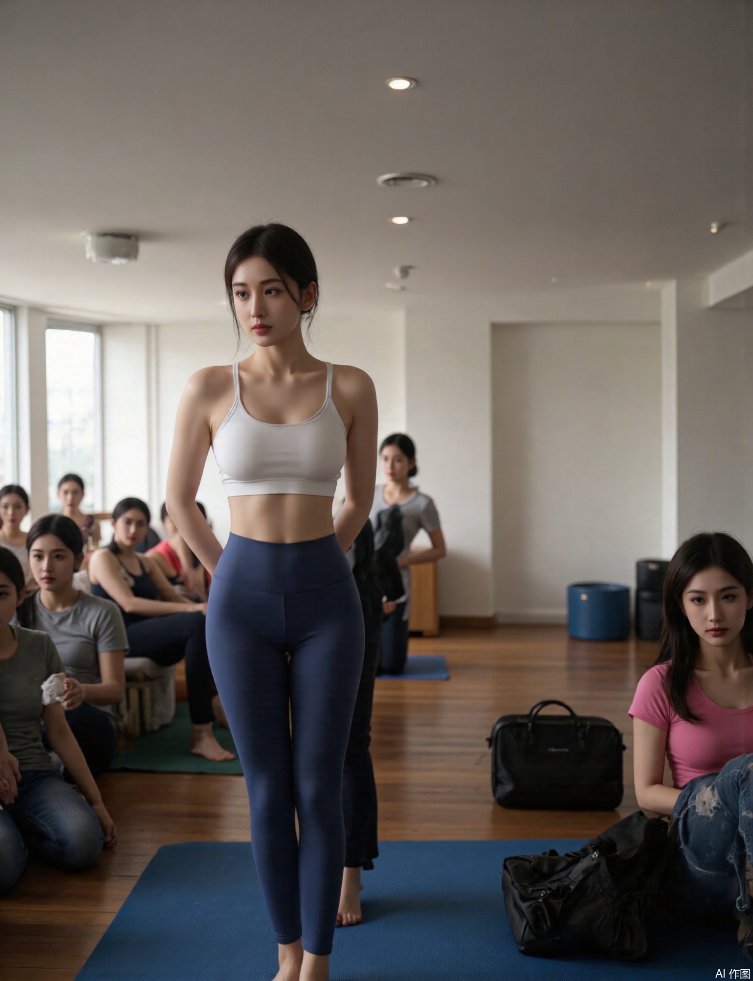 Ultra photoreal, Insane Details, 32K, Realistic,
A girl in yoga pants standing and watching the audience, full body shot,