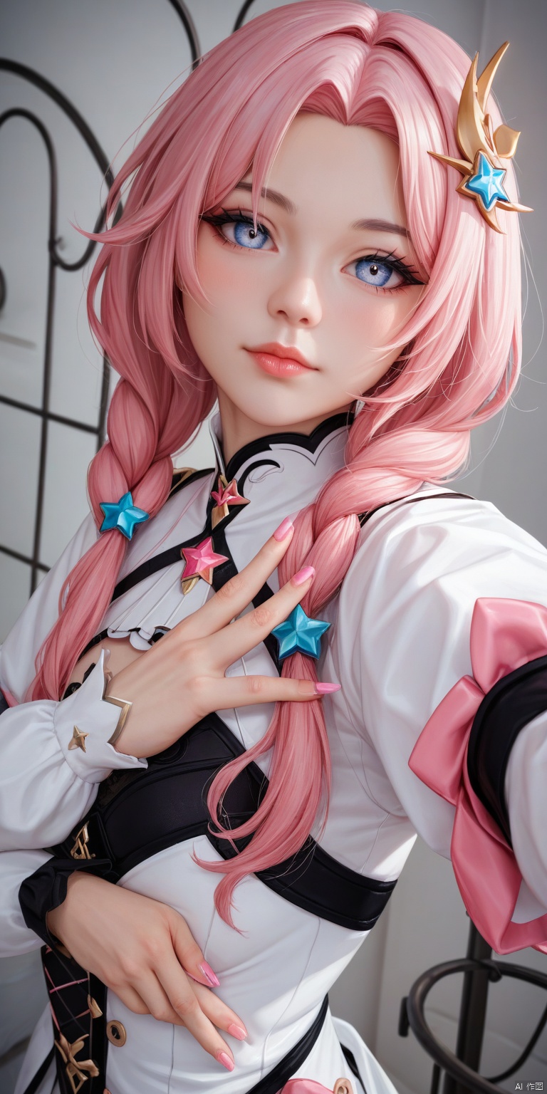 realistic,2.5D,photorealistic,
1girl absurdres artist_name blurry blush bow-shaped_hair chinese_commentary closed_mouth copyright_name dated depth_of_field detached_sleeves dot_nose forehead_jewel foreshortening fu_xuan_(honkai,star_rail) hair_ornament hairpin highres honkai,star_rail honkai_(series) logo long_hair looking_at_viewer low_twintails nacia153 pink_hair pink_nails pursed_lips selfie signature solo twintails v yellow_eyes,score_9, score_8_up, score_7_up,  