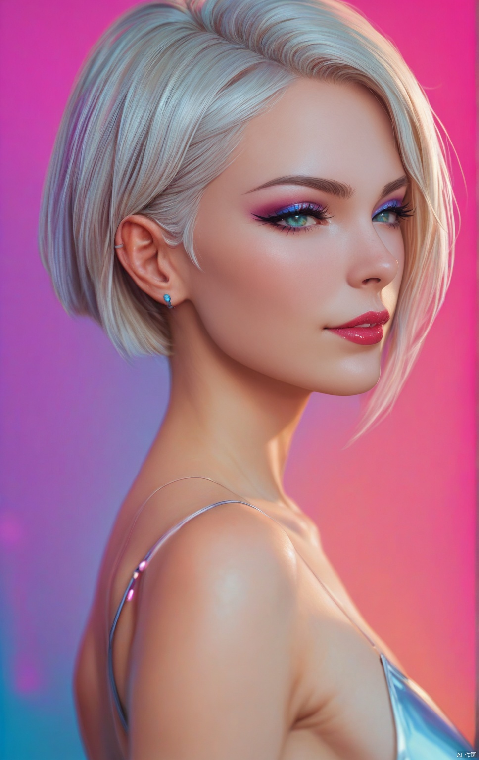 Cyber Beauty. cyber beauty The image is a highly detailed, cyberpunk aesthetic. The subject is a woman with light skin and long, stylized appearance. Her face is depicted in a side profile, facing left. Her skin is a deep brown, platinum blonde,score_9_up score_8_up score_7_up,score_6_up,,COLORFUL GRADIENT