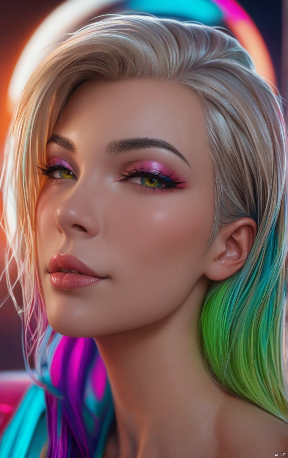 Cyber Beauty. cyber beauty The image is a highly detailed, cyberpunk aesthetic. The subject is a woman with light skin and long, stylized appearance. Her face is depicted in a side profile, facing left. Her skin is a deep brown, platinum blonde,score_9_up score_8_up score_7_up,score_6_up,,COLORFUL GRADIENT