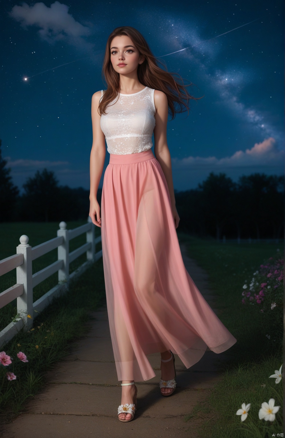 1girl, solo, long hair, skirt, brown hair, shirt, brown eyes, standing, full body, white shirt, flower, outdoors, sky, sleeveless, cloud, high heels, see-through, night, sandals, grass, star \(sky\), night sky, pink skirt, starry sky, walking, long skirt, realistic, skirt hold,score_9,score_8_up,score_7_up
