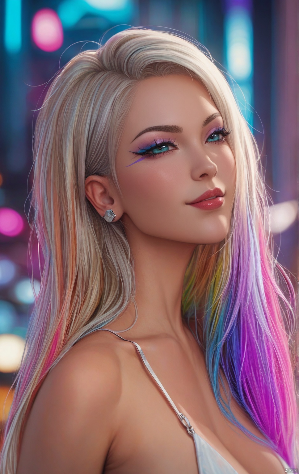 Cyber Beauty. cyber beauty The image is a highly detailed, cyberpunk aesthetic. The subject is a woman with light skin and long, stylized appearance. Her face is depicted in a side profile, facing left. Her skin is a deep brown, platinum blonde,score_9_up score_8_up score_7_up,score_6_up,,COLORFUL GRADIENT
