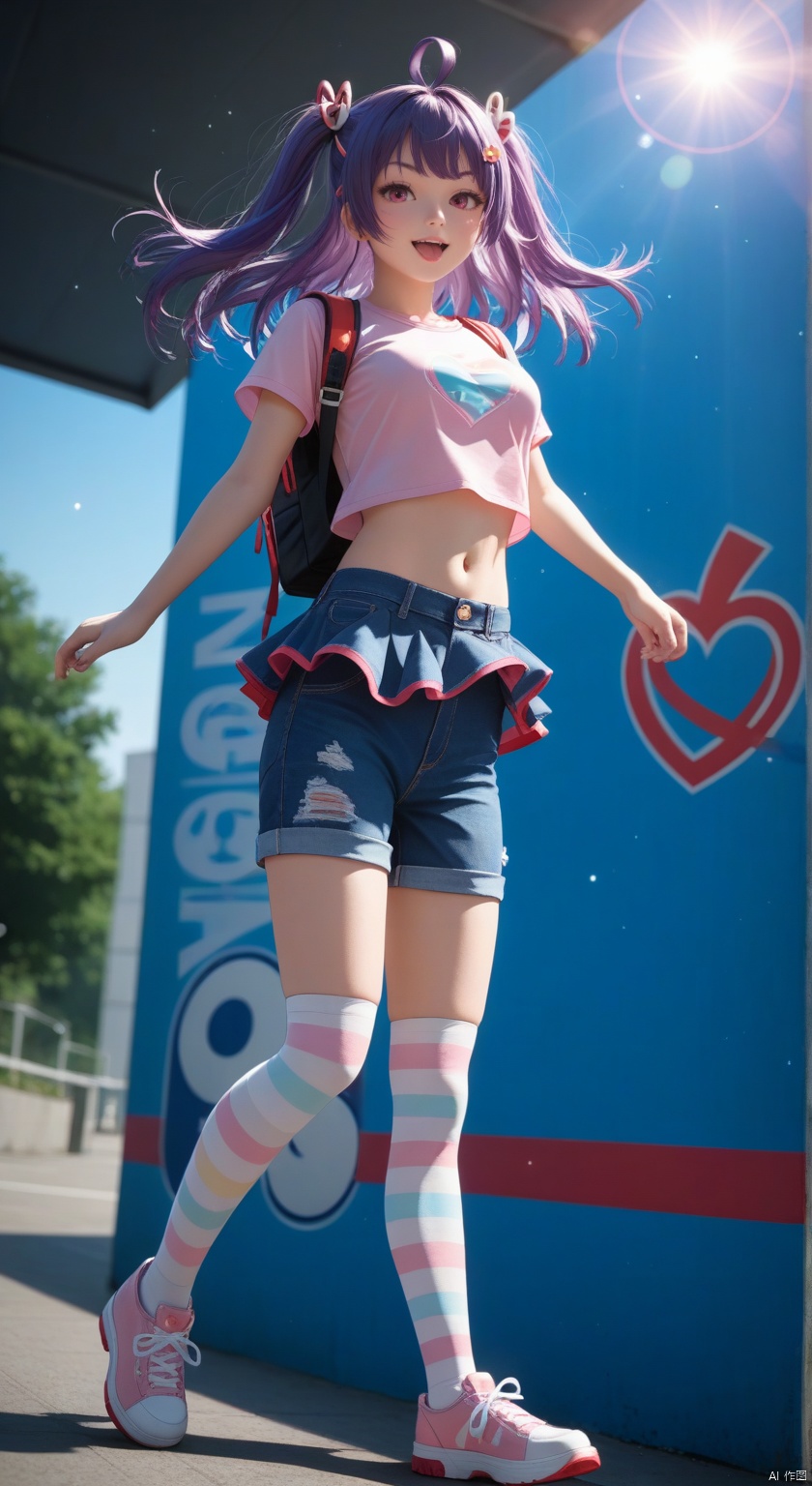 1girl, solo, long hair, breasts, blush, open mouth, bangs, skirt, shirt, hair ornament, red eyes, thighhighs, bow, navel, holding, medium breasts, purple hair, ahoge, short sleeves, heart, small breasts, outdoors, frills, sky, shoes, shorts, day, hairclip, fang, midriff, striped, cloud, bag, white thighhighs, two side up, blue sky, crop top, short shorts, white footwear, backpack, denim, bandaid, striped thighhighs, pink shirt, heart hair ornament, pink footwear, randoseru, rabbit hair ornament ,
eye trail,backlighting,depth of field,(Floating hair),light particles,lens flare, (Colorful eyes), (artist:quasarcake:0.8),extreme aesthetic,(wlop:0.6),honjou honjou raita,lack,rella, wanke, raita,lack,rella ,wanke,masterpiece,best quality,good quality,newest,year 2024,year 2023,very aesthetic,absurdres,Visual impact,A shot with tension, ultra-high resolution,32K UHD,sharp focus,best quality,masterpiece,Emotionalization,unconventional supreme masterpiece,masterful details,temperate atmosphere,with a high end texture,in the style of fashion photography, (Visual impact:1.2),giving the poster a dynamic and visually striking appearance,impactful picture,offcial art,colorful,splash of color,movie perspective, masterpiece,best quality,amazing quality,very aesthetic,absurdres,best quality,newest