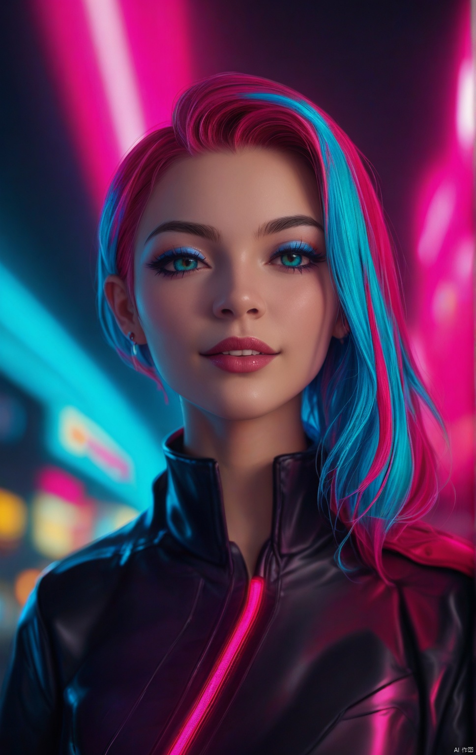 A futuristic girl exudes confidence in an avant-garde cyberpunk outfit, featuring sleek, reflective materials with neon highlights tracing the contours of her form. Her hair glows with streaks of bioluminescent color, and her bold makeup complements the vibrant hues of her attire. The scene is bathed in dramatic lighting, with glowing accents and holographic textures reflecting a high-tech atmosphere, as electric blues and fiery pinks illuminate the dark, urban background. score_9_up score_8_up score_7_up,score_6_up,,COLORFUL GRADIENT