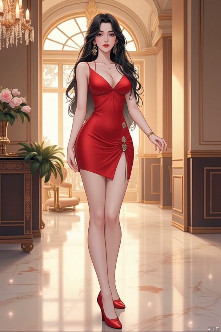 A digital illustration of a beautiful young woman with long legs and a voluptuous figure, standing gracefully in a luxurious hotel lobby with marble floors and crystal chandeliers. She has long wavy black hair and bright eyes, wearing a tight-fitting red dress with a deep V-neck that accentuates her curves and ample cleavage, paired with high heels that elongate her legs. The full-body shot is captured from a slightly low angle, highlighting her elegance and the opulent setting.