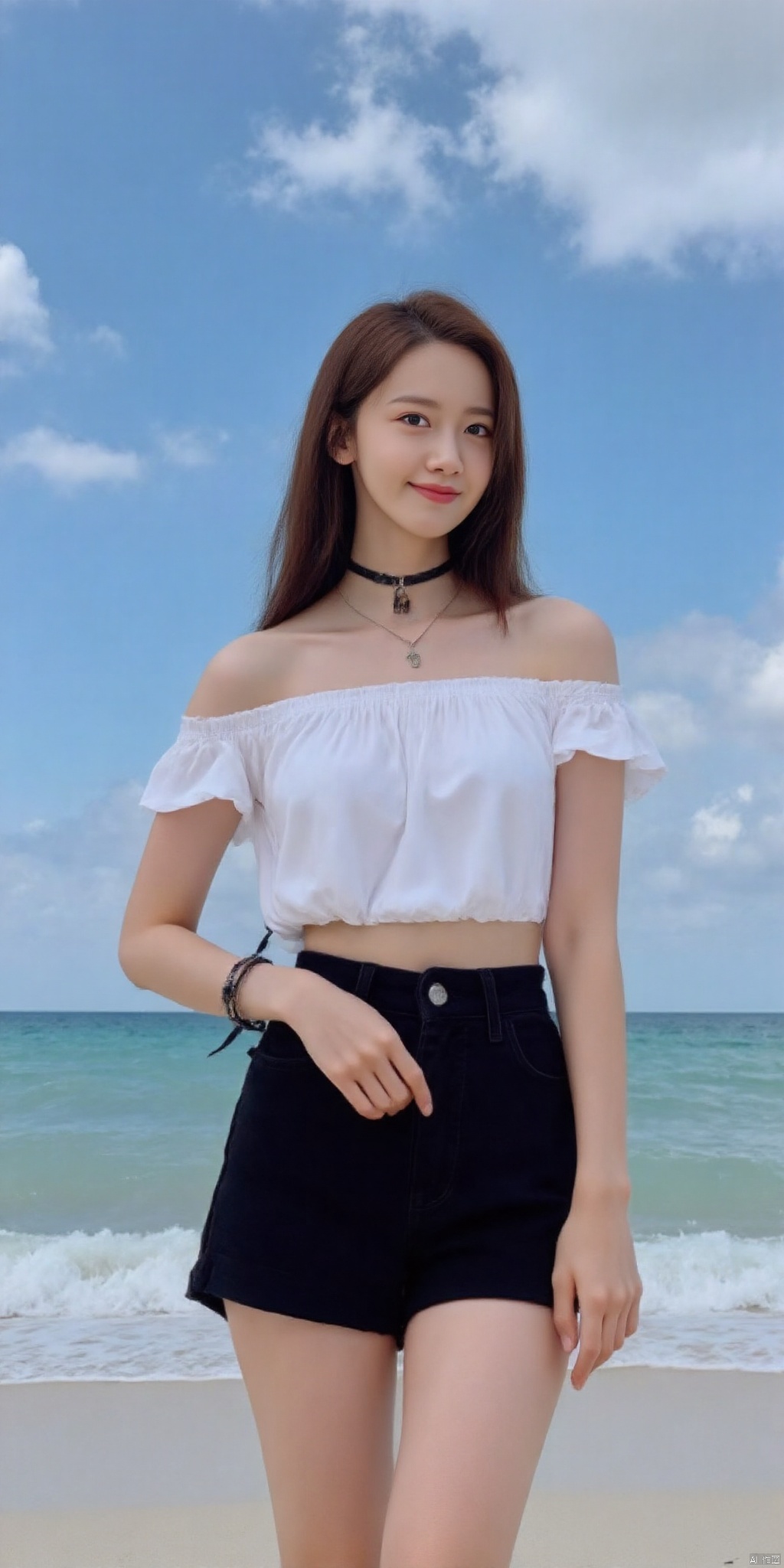 Blue sky, white clouds, ocean,nai3, 1girl, shorts, solo, crop top, black shorts, choker, navel, shirt, midriff, crop top overhang, looking at viewer, white shirt, jewelry, breasts, bare shoulders, short shorts, off-shoulder shirt, off shoulder, black choker, thighs, stomach, hand on own thigh, long hair, bracelet, short sleeves, ribbon, hand up, collarbone, hair ribbon, medium breasts, standing, high-waist shorts, dolphin shorts, bra strap, , hair ornament, thigh gap, necklace, expressionless, , ,kind smile, ,abb