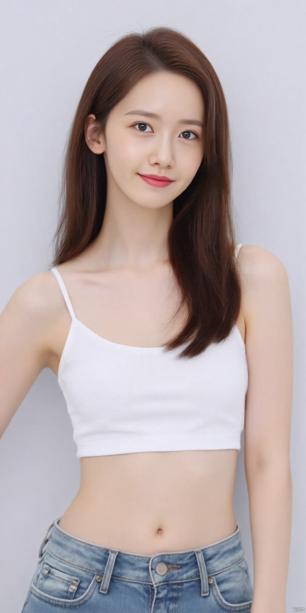 A 3D rendering of a woman with long brown hair. She is wearing a white bra and blue jeans. The woman's hair is long and cascades over her shoulders. Her eyes are blue and her lips are red. Her hair is pulled back in a ponytail. She has a slight smile on her face. The background is a light gray color.,linyuner