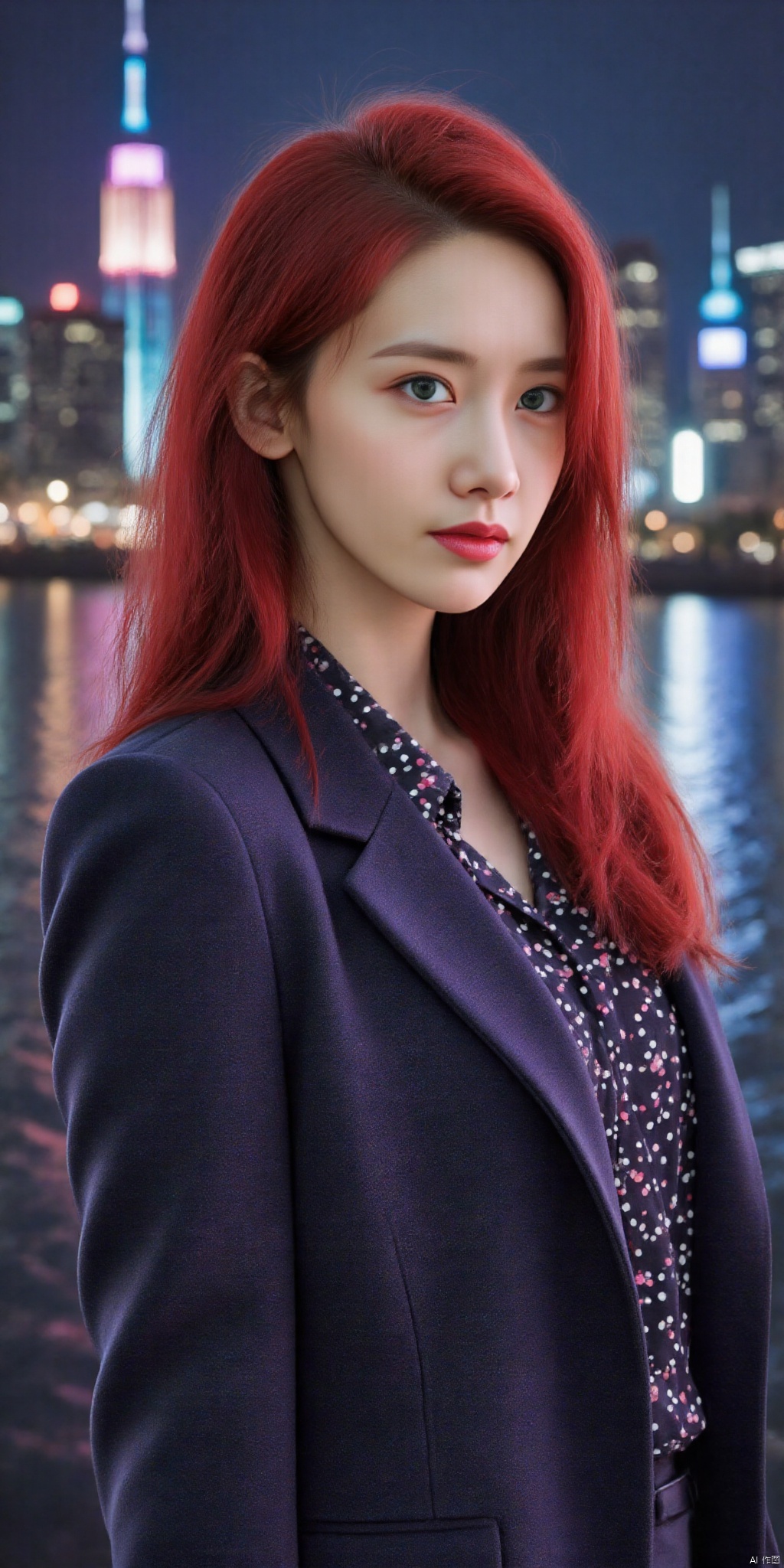 (masterpiece, best quality, ultra-detailed, highres, best illustration),1girl, solo,(male focus:0.8), transgender male, red hair, green hair, heterochromia, purple eyes, two tone hair, ,side lighting, lustrous skin,(shine), (shiny skin, cetlic elements, norse heritage), ray tracing, shirt, wind swept hair, detailed hair, detailed face, ,depth_of_field,very detailed background,extreme light and shadow,(detailed eyes) , perfect anatomy, (zentangle, mandala, tangle, entangle), dynamic angle, wide shot, upper body, city scape, extreme light and shadow, night sky,linyuner