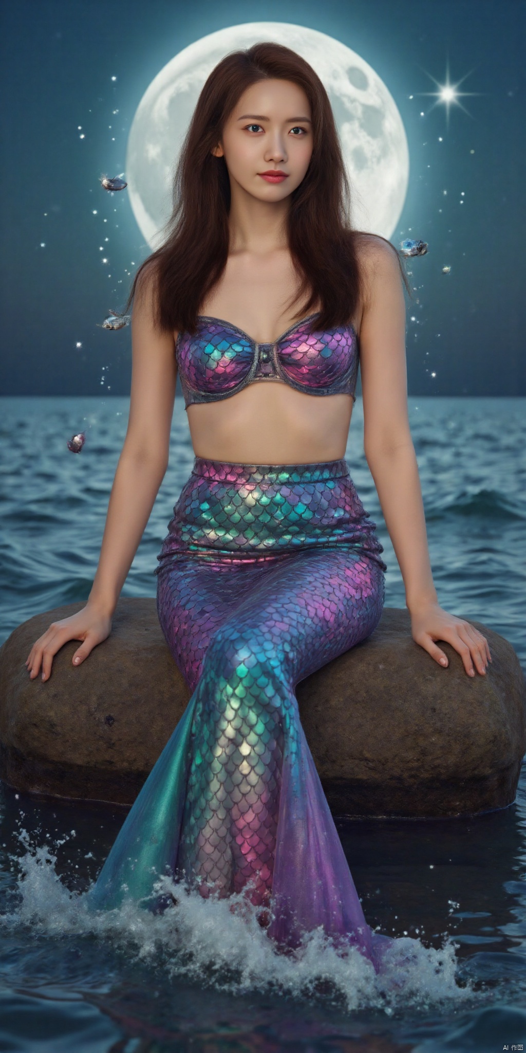 Beautiful mermaid with flowing, rainbow scales and long, flowing hair. She is sitting on a rock by the sea under the moonlight,surrounded by gentle waves and sparkling sea animals.,(style:, realistic), (details: long hair, rainbow scales, moonlight, sea animals, Gentle Waves), (Anatomically Correct), Highest Quality, High Quality, 16K, Extremely Ridiculous, Very Detailed, Fine Beautiful Eyes, Smooth Beautiful Skin, Beautiful Hair, Shining Details, Carefully Drawn Detail, complex gradient,  excellent color balance, happy dream,,Rendering,,,Hologram processing,Excellent,magic effect,Place tiny light particles,Carefully draw facial lines,Natural makeup,Attractive,Perfect proportions,Magazine cover,linyuner