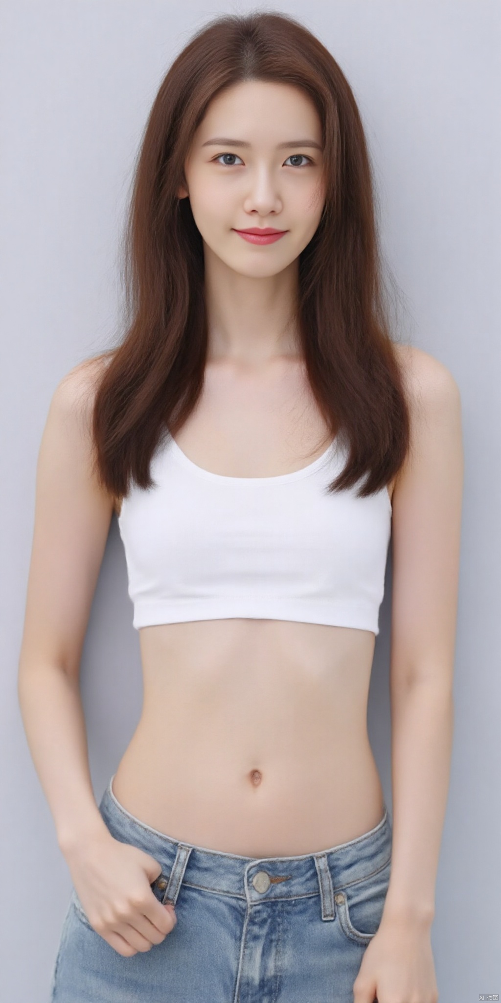 A 3D rendering of a woman with long brown hair. She is wearing a white bra and blue jeans. The woman's hair is long and cascades over her shoulders. Her eyes are blue and her lips are red. Her hair is pulled back in a ponytail. She has a slight smile on her face. The background is a light gray color.,linyuner