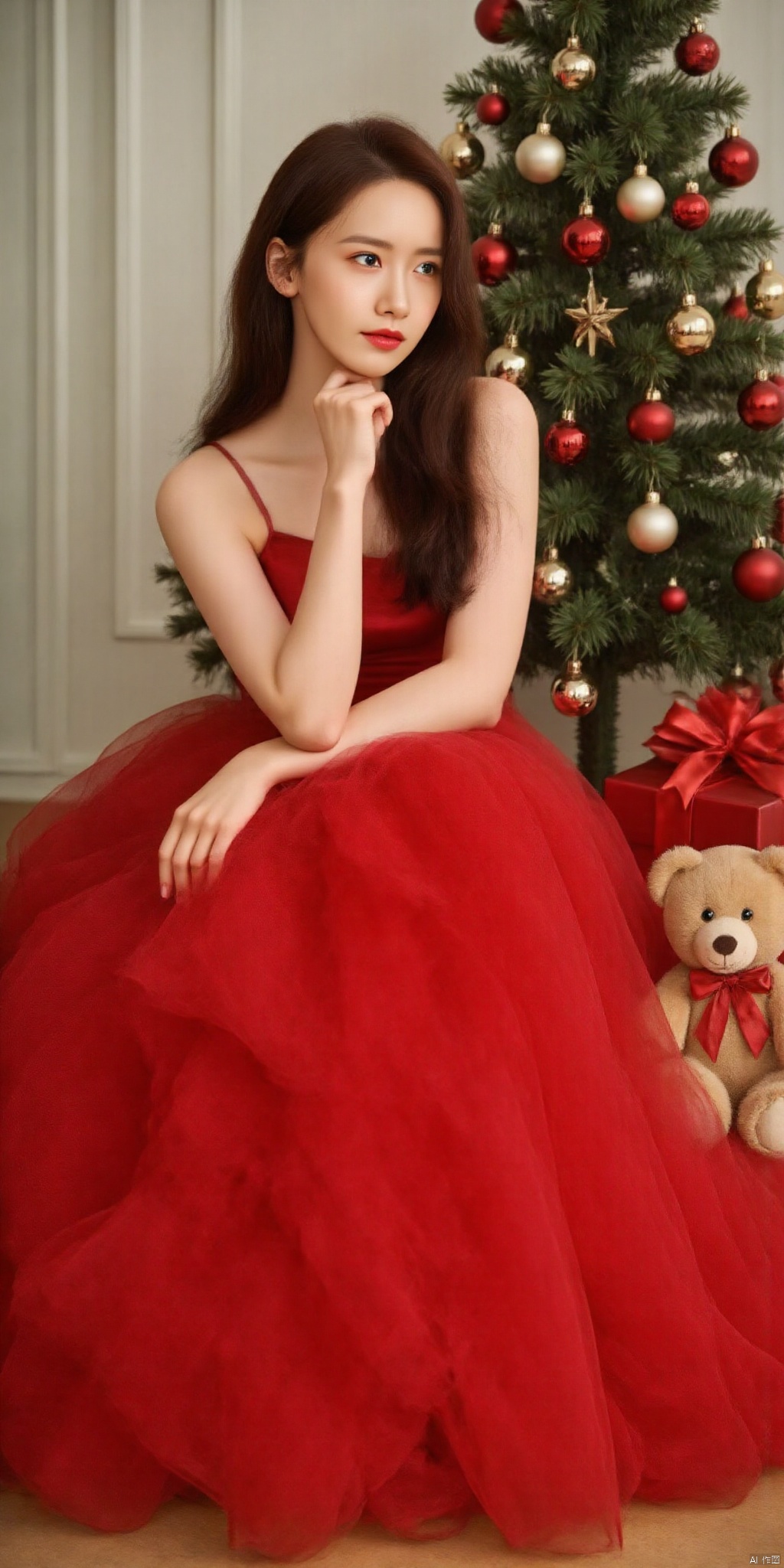 photo of a beautiful young woman surrounded by a Christmas tree, gifts, and a teddy bear. She was wearing a red dress, creating a festive atmosphere. This professional photo showcases ultra clear and high-definition details, resulting in an ultra realistic image,Mechanical Animal