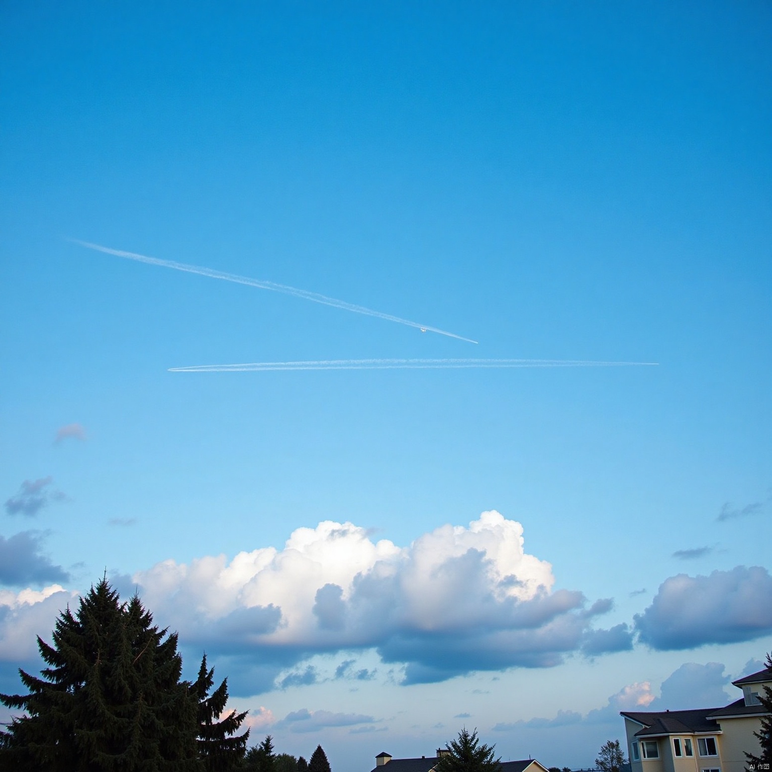 outdoors, sky, day, cloud, tree, blue sky, no humans, building, scenery, aircraft, contrail