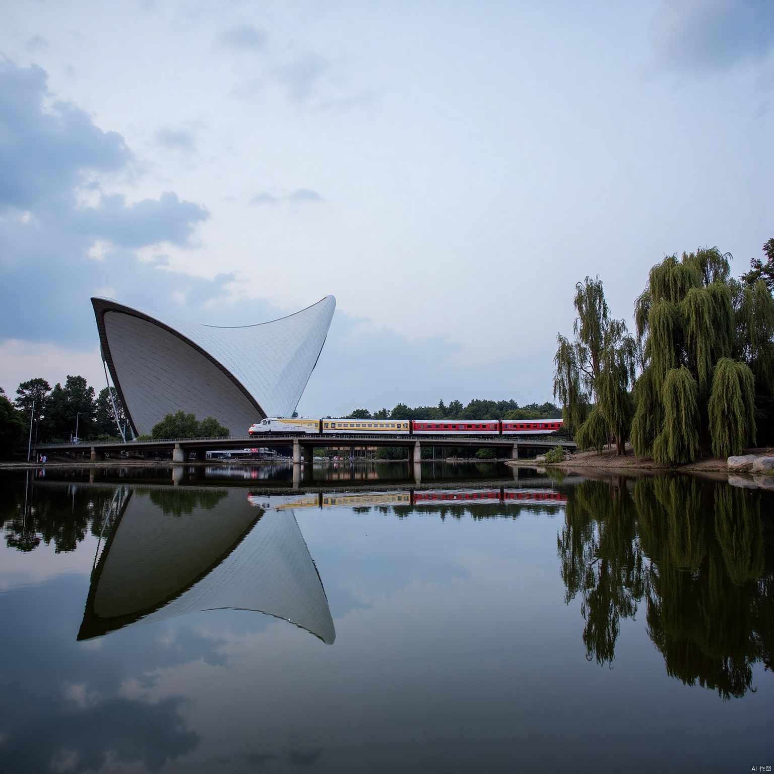 outdoors, sky, cloud, water, tree, no humans, scenery, reflection, bridge, train
