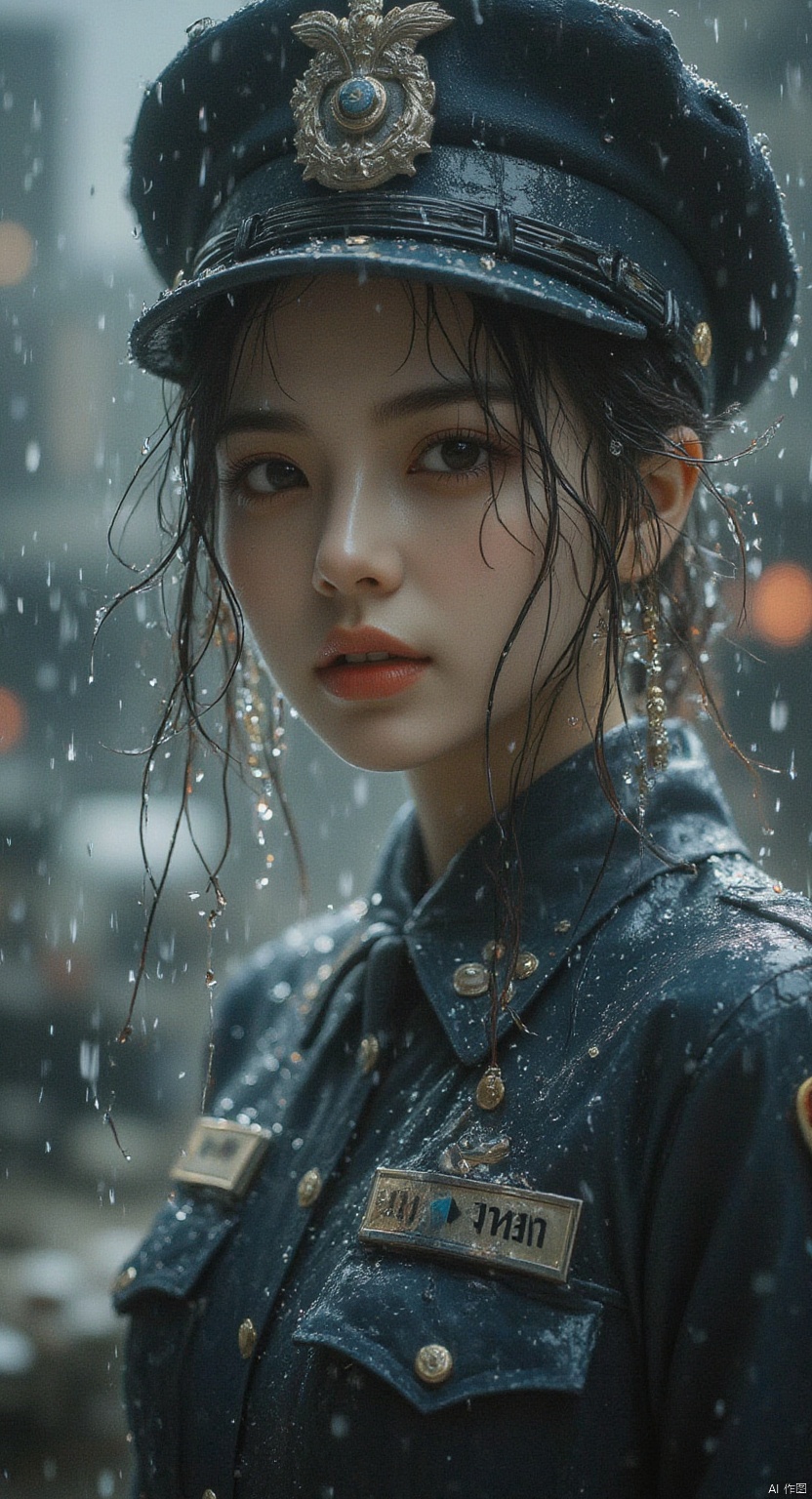 1 Beautiful female police, police hat, rain, rain, face full of water, red lips, Asian, half body, blue style,detailed city