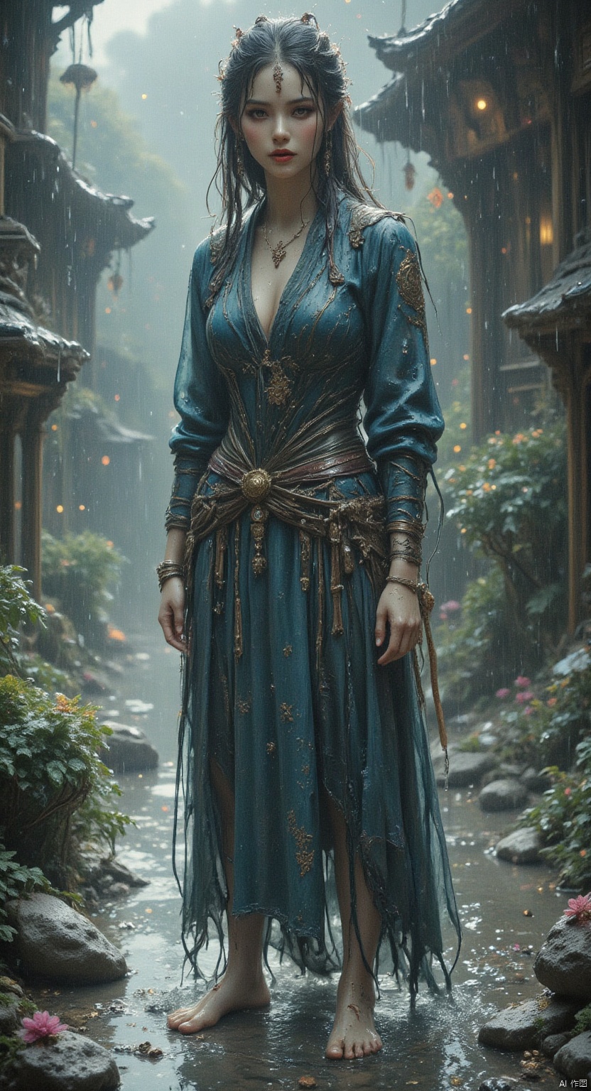 1 Beautiful female ninja. full body. colorful rain, rain, face full of water, red lips, Asian. bare feet. blue style,detailed city,BEST_OF