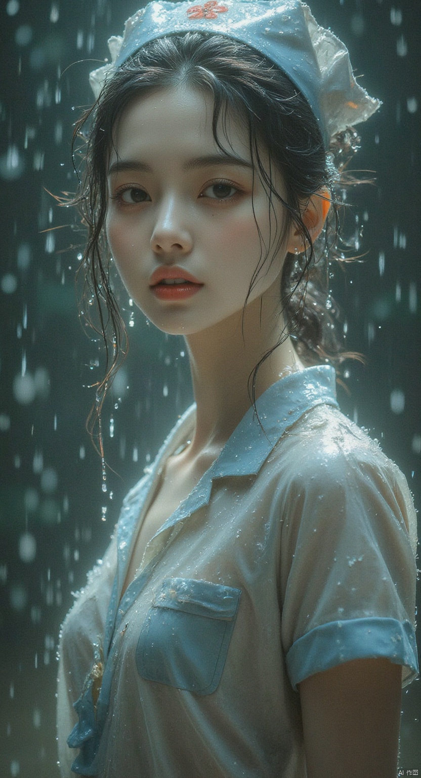 1 Beautiful nurse, nurse hat, rain, rain, face full of water, red lips, Asian,full body, bare feet.long legs. g blue style,detailed city