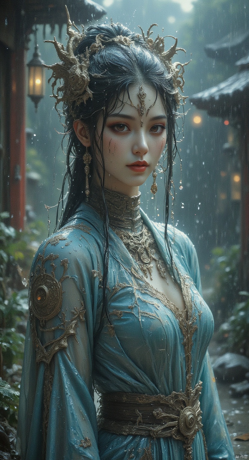1 Beautiful female ninja. full body. colorful rain, rain, face full of water, red lips, Asian. bare feet. blue style,detailed city,BEST_OF