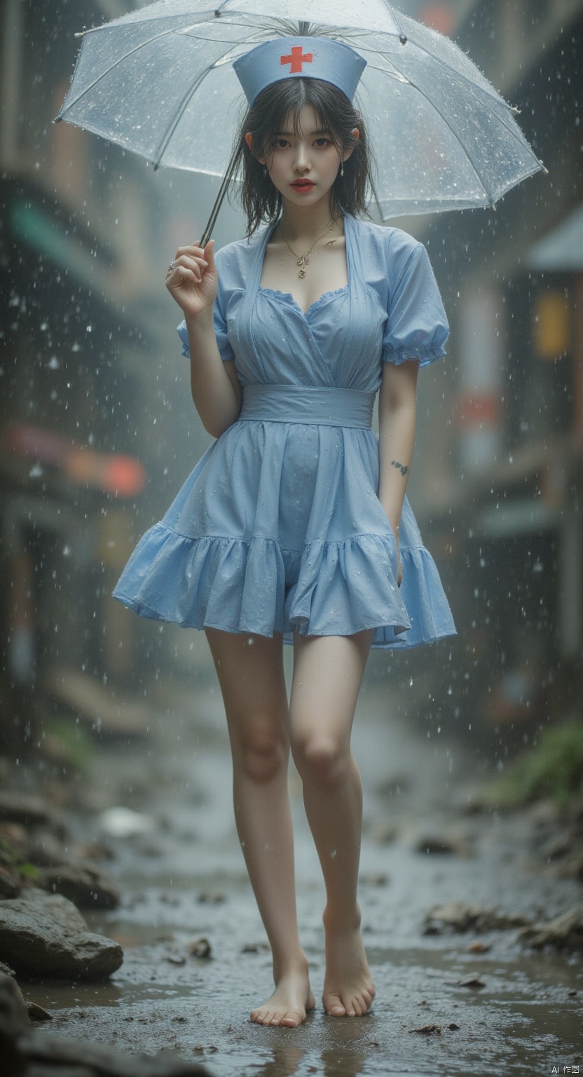 1 Beautiful nurse, nurse hat, rain, rain, face full of water, red lips, Asian,full body, bare feet.long legs. g blue style,detailed city,AIDMAHYPERREALISM