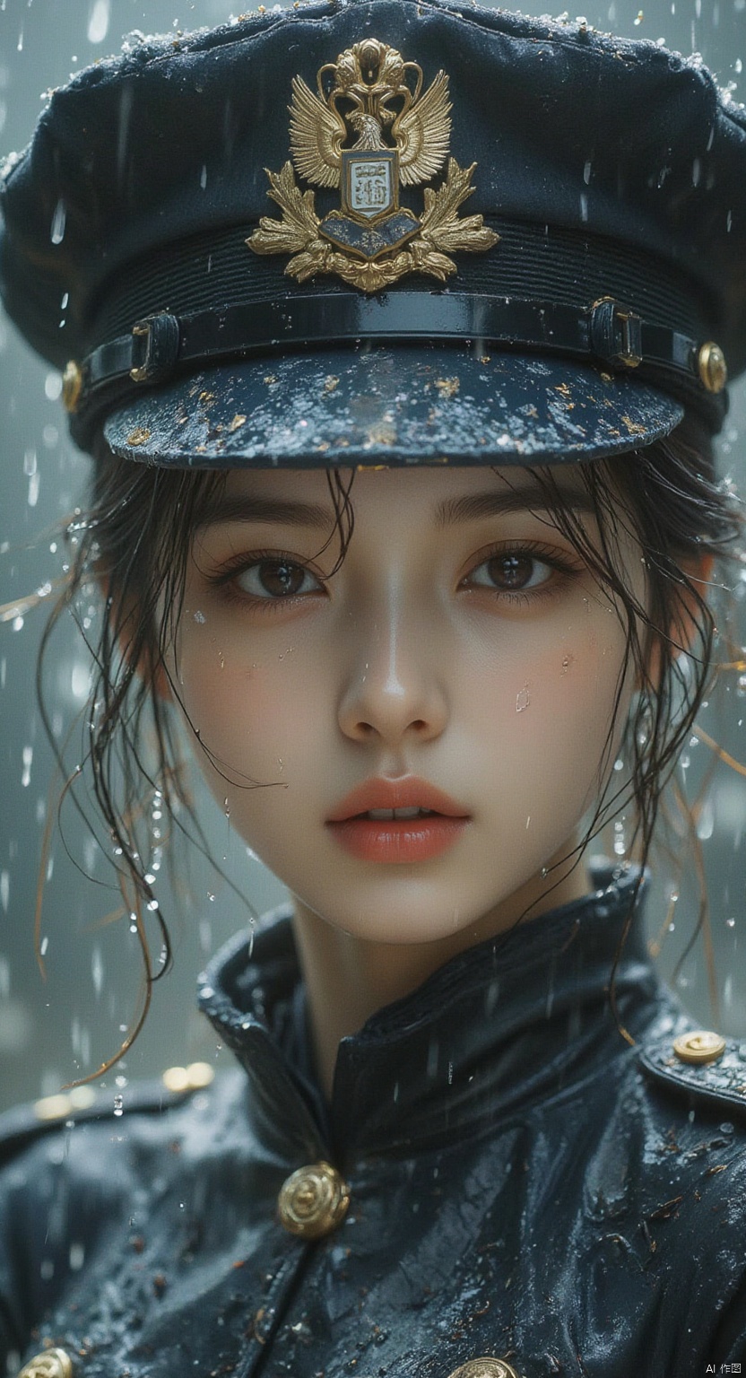 1 Beautiful female police, police hat, rain, rain, face full of water, red lips, Asian, half body, blue style,detailed city