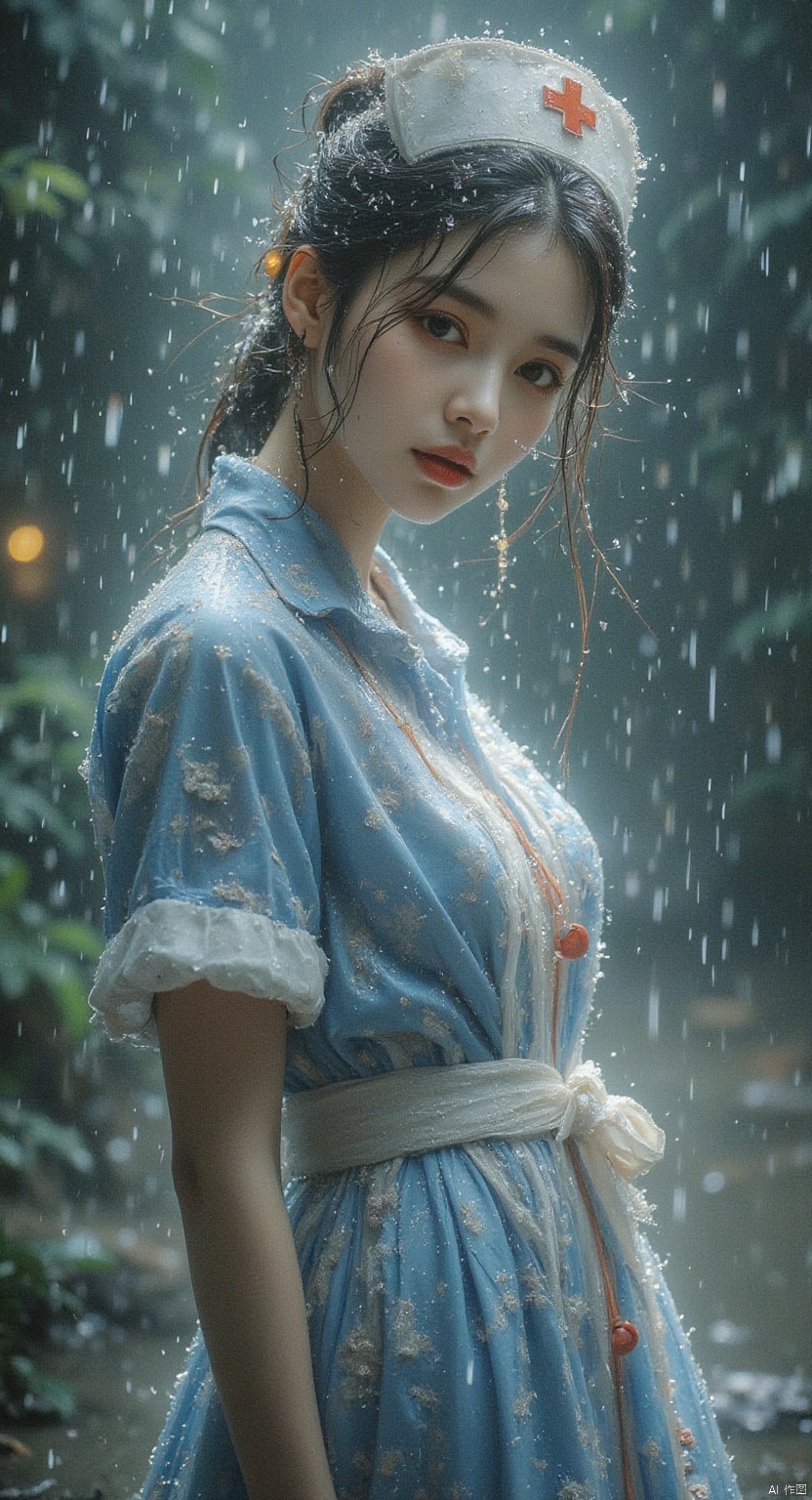 1 Beautiful nurse, nurse hat, rain, rain, face full of water, red lips, Asian,full body, bare feet.long legs. g blue style,detailed city