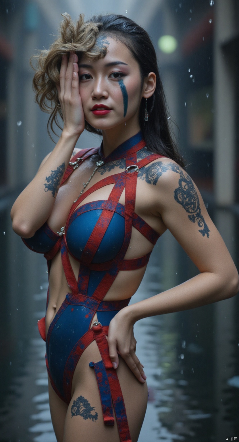 1 Beautiful female ninja. full body. japanese ninja body suit.colorful rain, rain, face full of water, red lips, Asian. bare feet. blue style,detailed city,BEST_OF,SEXY,STRAPPY BODYSUIT, WITH MULTIPLE STRAPS