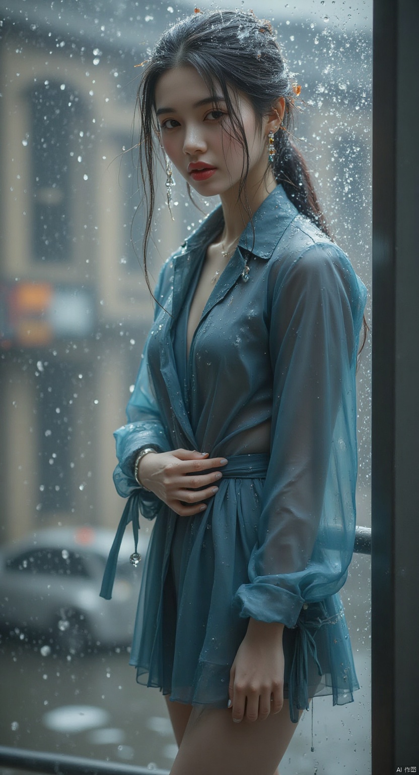 1 Beautiful office lady, rain, rain, face full of water, red lips, Asian,full body, bare feet.long legs. g blue style,detailed city,AIDMAHYPERREALISM