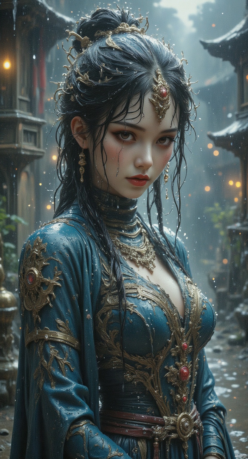 1 Beautiful female ninja. half body. colorful rain, rain, face full of water, red lips, Asian, half body, blue style,detailed city,BEST_OF