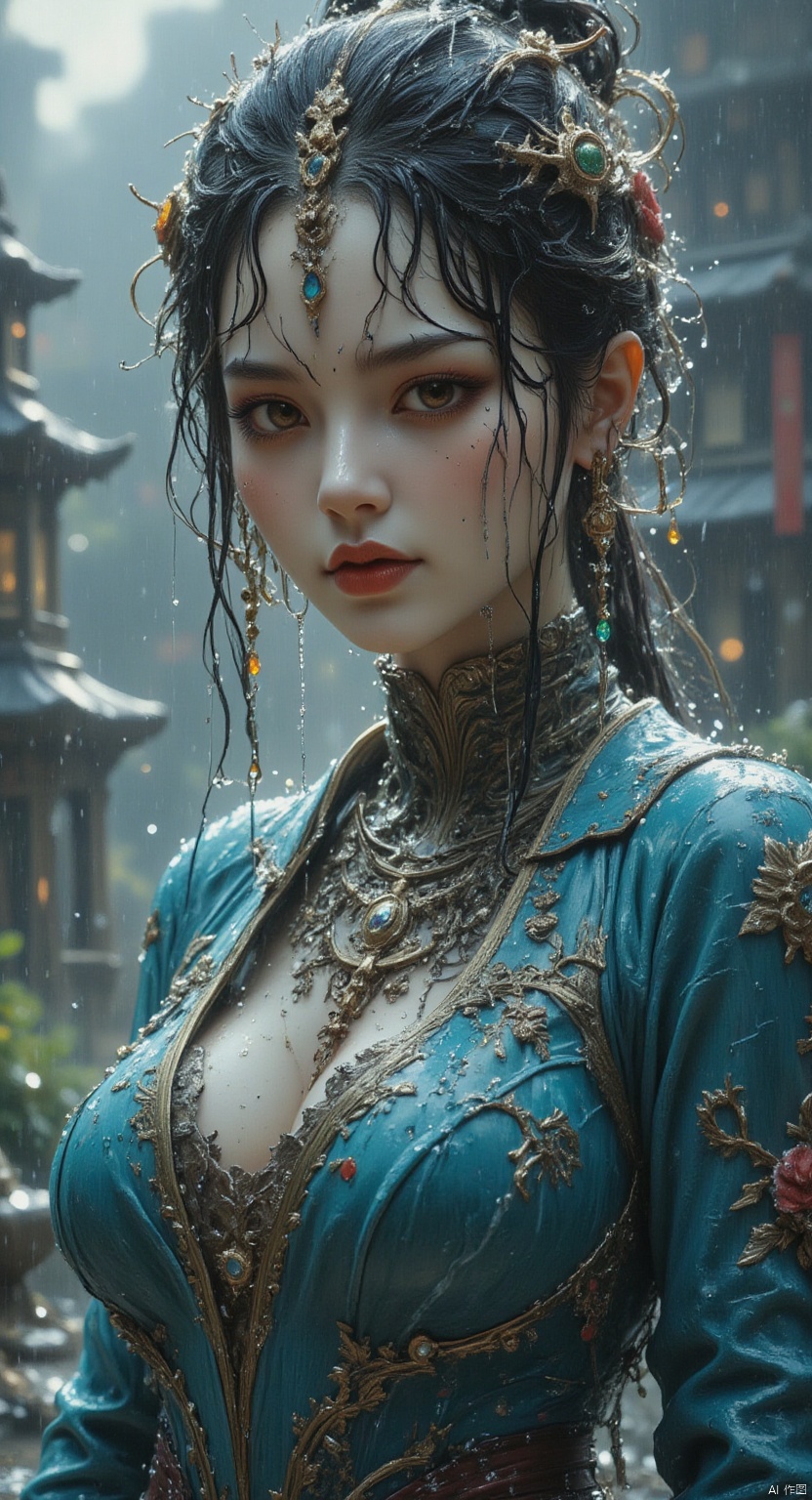 1 Beautiful female ninja. half body. colorful rain, rain, face full of water, red lips, Asian, half body, blue style,detailed city,BEST_OF