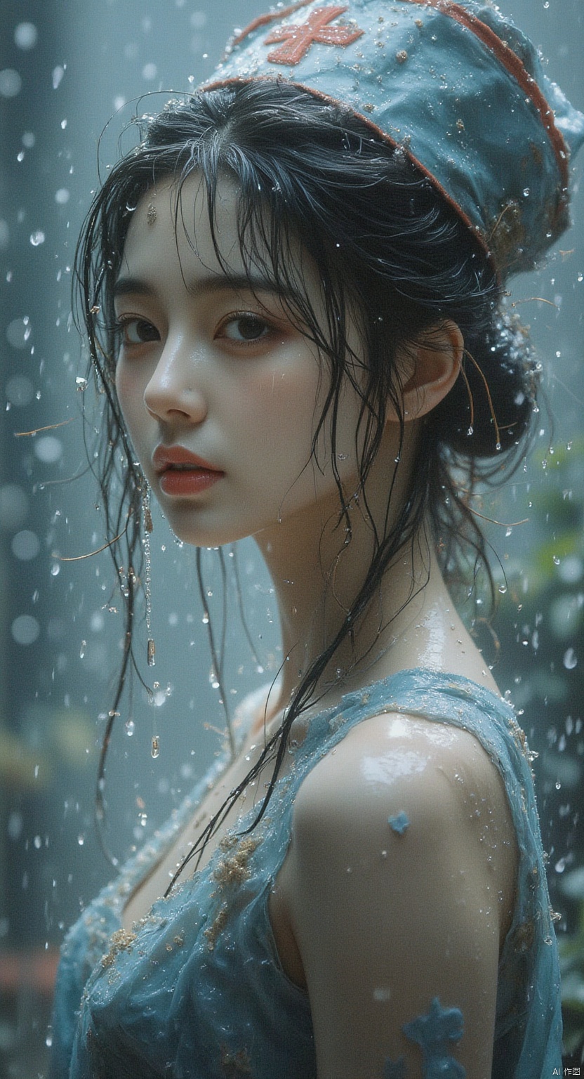 1 Beautiful nurse, nurse hat, rain, rain, face full of water, red lips, Asian, half body, blue style,detailed city