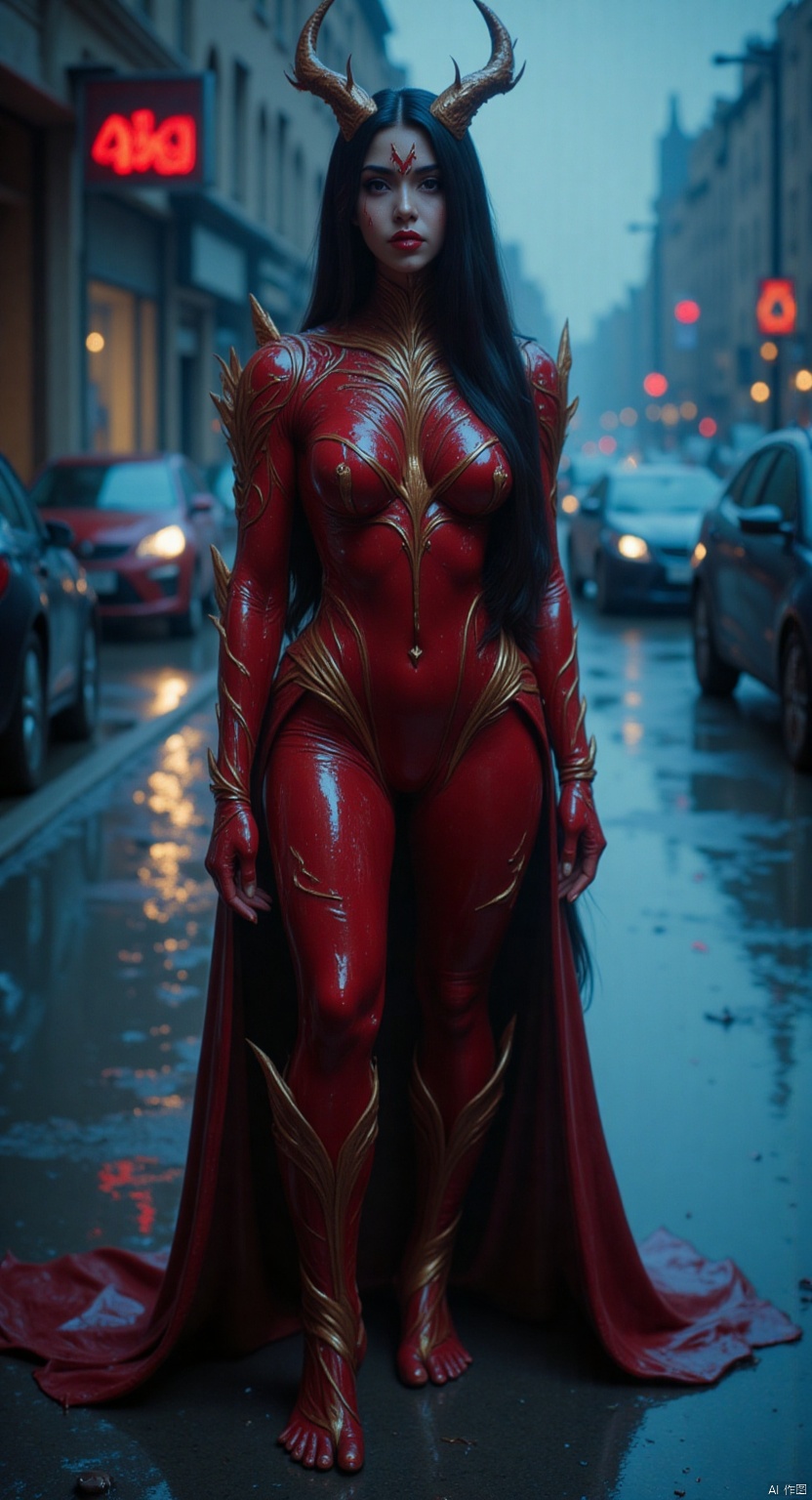 1 Beautiful demon. red skin.  wear armor, rain, rain, face full of water, red lips, Asian,full body, bare feet.long legs. g blue style,detailed city,AIDMAHYPERREALISM,hkbeauty