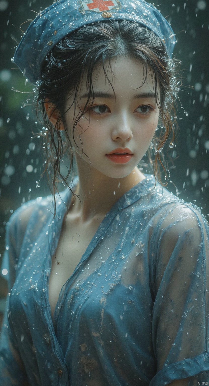 1 Beautiful nurse, nurse hat, rain, rain, face full of water, red lips, Asian, half body, blue style,detailed city