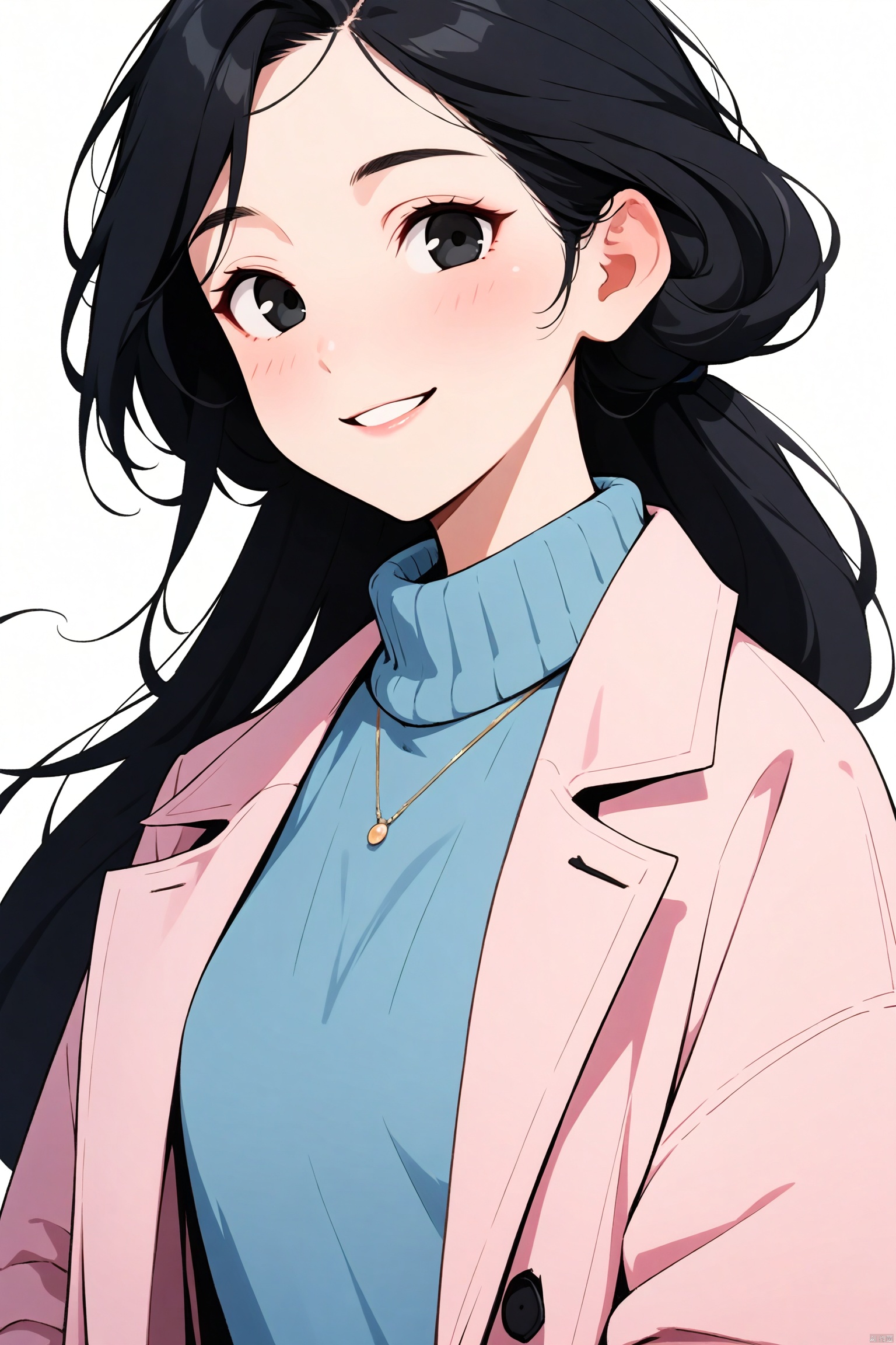 1girl,solo,long hair,flying hair,black eyes,smile,elegant,delicate facial features, upper body ,pink overcoat,lake blue sweater,black hair ,looking at viewer,simple background, white background,(best quality), ((masterpiece)), (an extremely delicate and beautiful), original, extremely detailed wallpaper