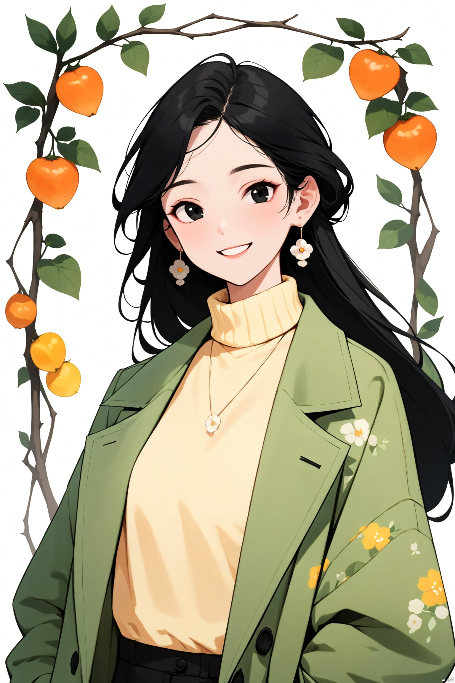 1girl,solo,long hair,black eyes,smile,elegant,delicate facial features, upper body ,green overcoat,yellow sweater,black hair ,looking at viewer,simple background, white background,(best quality), ((masterpiece)), (an extremely delicate and beautiful), original, extremely detailed wallpaper