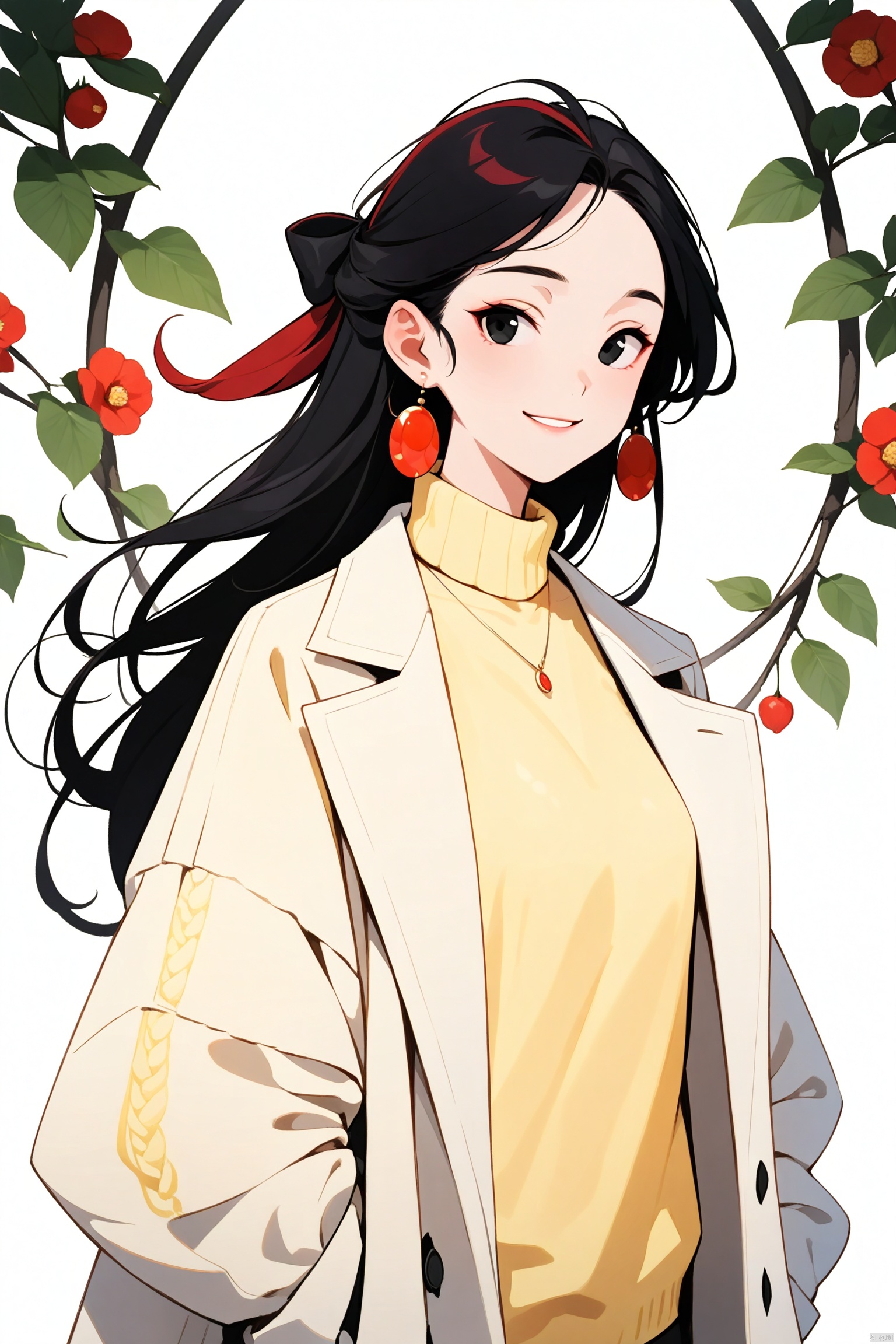 1girl,solo,long hair,black eyes, red hair,smile,elegant,delicate facial features, upper body ,white overcoat,yellow sweater,black hair ,looking at viewer,simple background, white background,(best quality), ((masterpiece)), (an extremely delicate and beautiful), original, extremely detailed wallpaper
