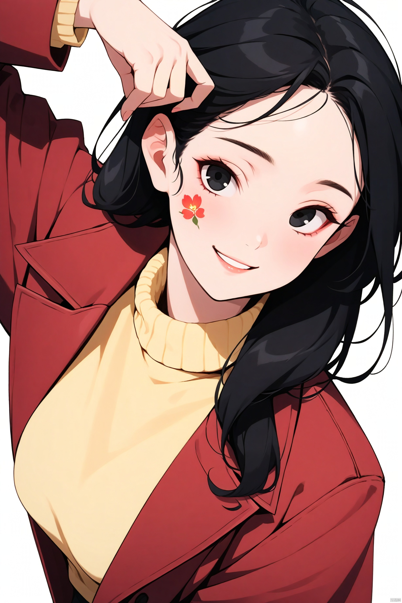 1girl,solo,long hair,black eyes,smile,elegant,delicate facial features, upper body ,red overcoat,yellow sweater,black hair ,looking at viewer,simple background, white background,(best quality), ((masterpiece)), (an extremely delicate and beautiful), original, extremely detailed wallpaper