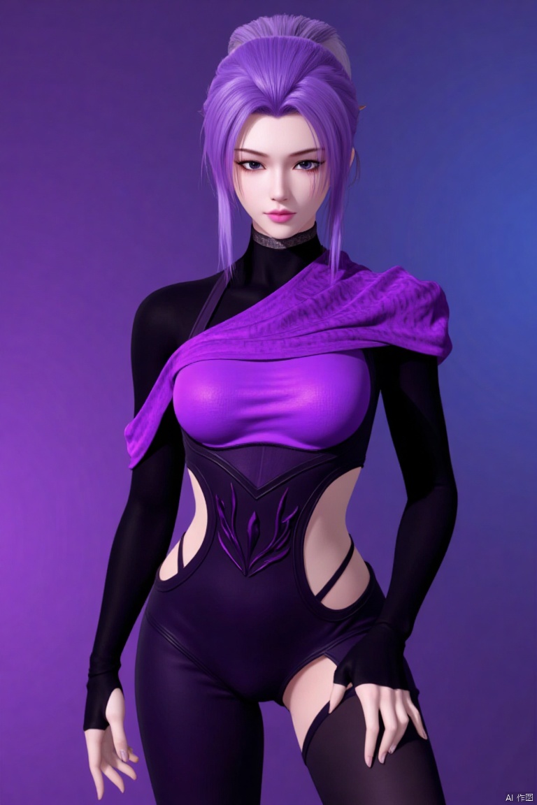 The image is a 3D rendering of a young woman with purple hair. She is wearing a black and purple outfit with a high neckline and long sleeves. The outfit has a unique design with a purple and black color scheme. The woman has a serious expression on her face and is looking directly at the camera. She has a pair of black gloves on her left hand and her right hand is resting on her hip. The background is a gradient of purple and blue, giving the image a futuristic and futuristic feel.