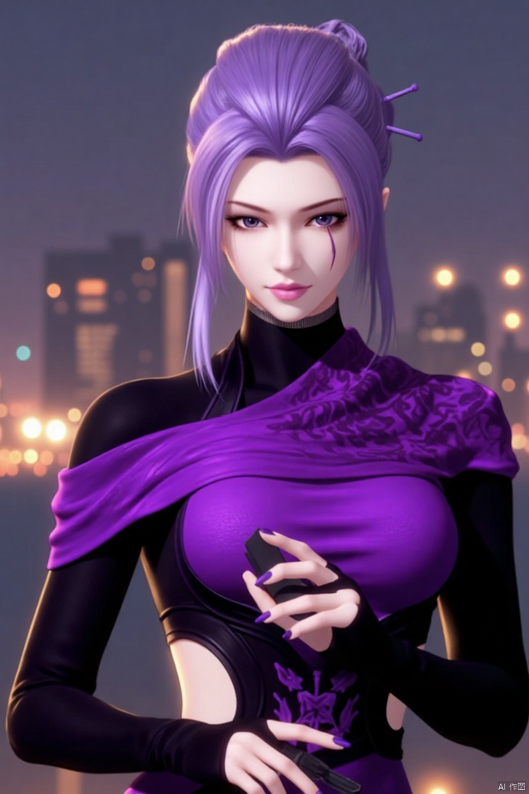 The image is a close-up portrait of a young woman with purple hair. She is wearing a black and purple outfit with a high neckline and long sleeves. Her hair is styled in a high bun with multiple strands of purple hair cascading down her back. She has a pair of black gloves on her hands and is holding a small black object in her right hand. The background is blurred, but it appears to be a cityscape with buildings and lights. The woman has a serious expression on her face and is looking directly at the camera.