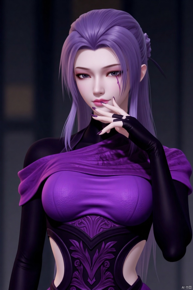 The image is a 3D rendering of a female character with long purple hair. She is wearing a purple corset with intricate designs on the front and back. The corset has a high neckline and long sleeves. She has a pair of gloves on her hands and is posing with one hand on her chin, as if she is deep in thought. The background is dark and blurred, making the character the focal point of the image. The character appears to be in a fantasy or sci-fi setting.