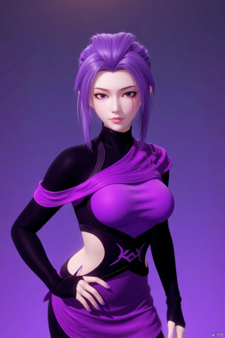 The image is a 3D rendering of a young woman with purple hair. She is wearing a black and purple outfit with a high neckline and long sleeves. The outfit has a unique design with a purple and black color scheme. The woman has a serious expression on her face and is looking directly at the camera. She has a pair of black gloves on her left hand and her right hand is resting on her hip. The background is a gradient of purple and blue, giving the image a futuristic and futuristic feel.