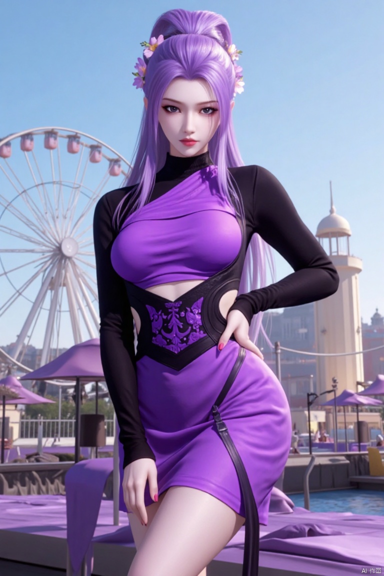 The image is a digital illustration of a young woman with long purple hair styled in a high ponytail with flowers in her hair. She is wearing a purple dress with a high neckline and long sleeves. The dress has a cut-out design on the front and is cinched at the waist with a black belt. The woman is posing with one hand on her hip and the other resting on her thigh. She has a serious expression on her face and is looking directly at the camera. In the background, there is a ferris wheel and a blue sky. The overall mood of the image is futuristic and edgy.