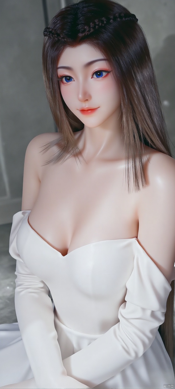 (high definition, Best quality, masterpiece, 4K, exquisite skin), 1girl, solo, breasts, (white dress:1.1), looking at viewer, smile, blue eyes, closed mouth, water, sitting