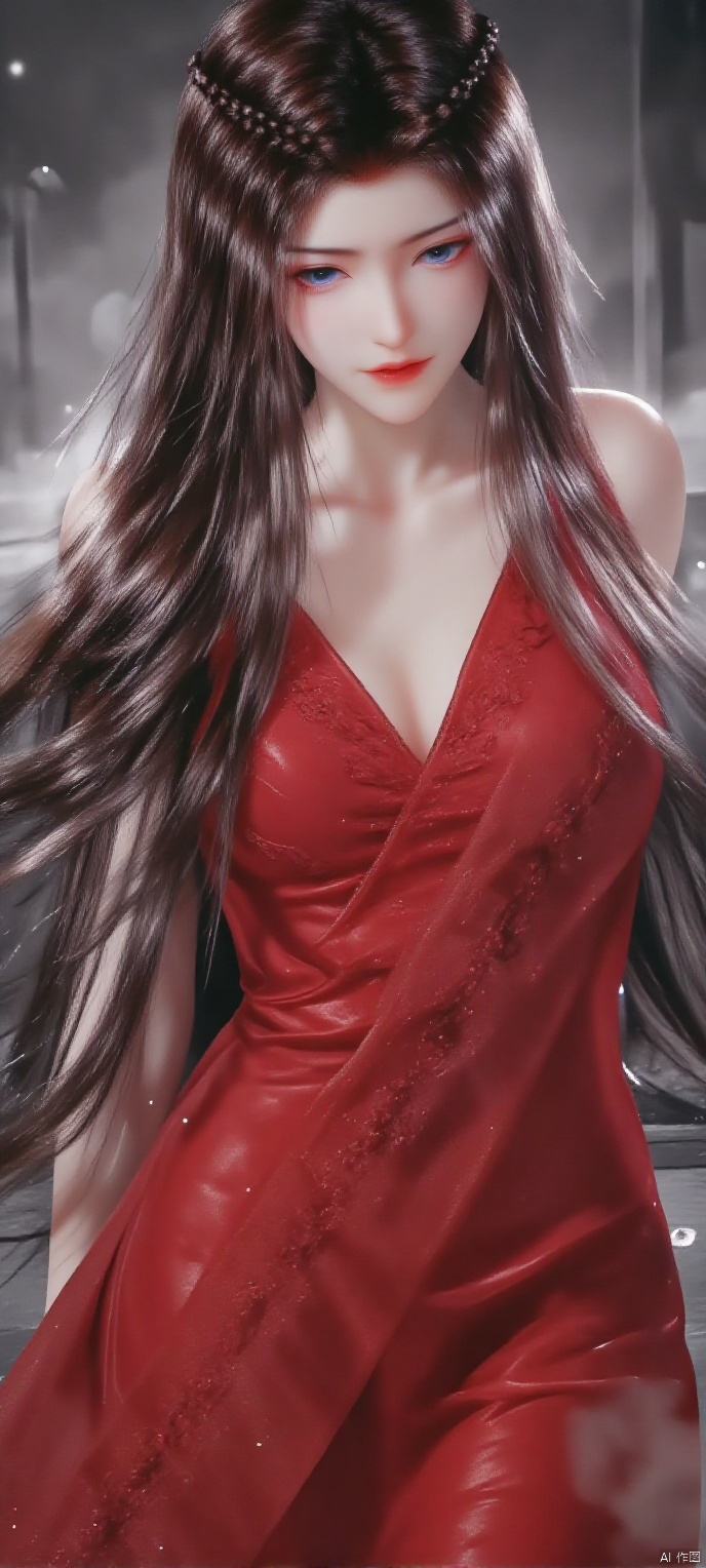 (high definition, Best quality, masterpiece, 4K, exquisite skin), 1girl, solo, breasts, (red dress:1.2), looking at viewer, smile, blue eyes, closed mouth, water