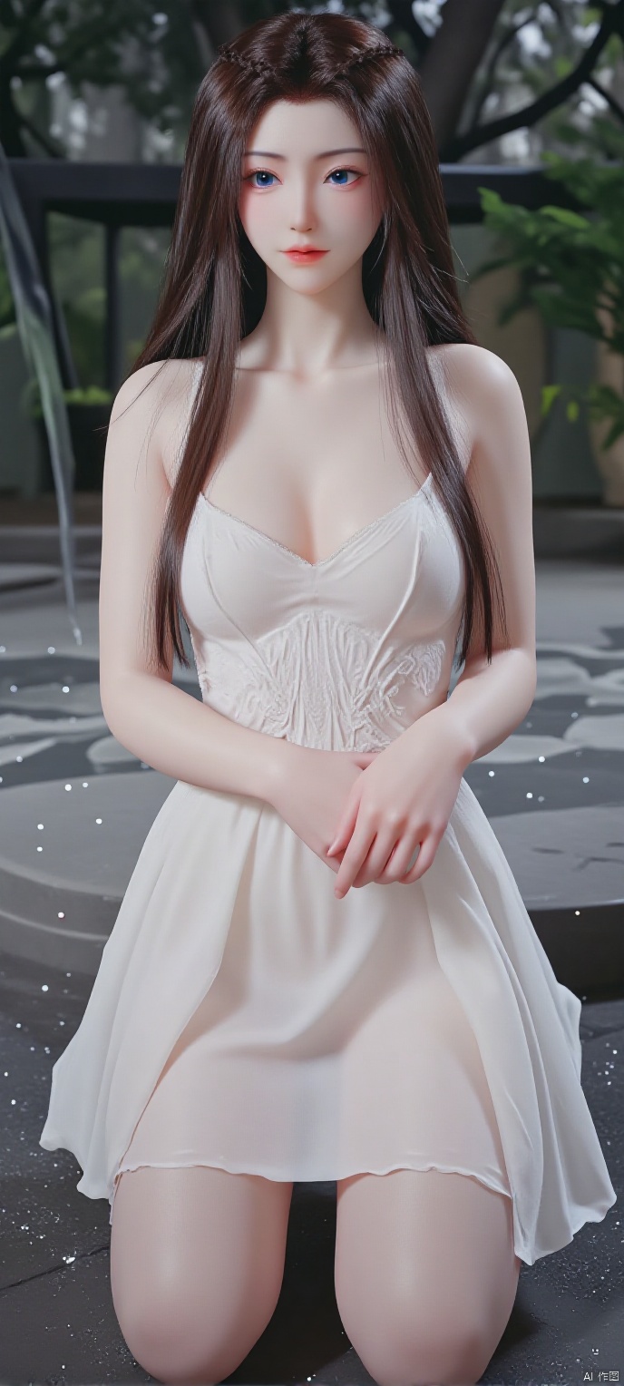 (high definition, Best quality, masterpiece, 4K, exquisite skin), 1girl, solo, breasts, (white dress:1.1), looking at viewer, smile, blue eyes, closed mouth, water, sitting