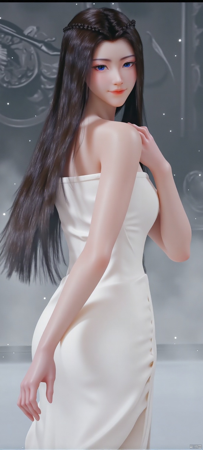 (high definition, Best quality, masterpiece, 4K, exquisite skin), 1girl, solo, breasts, (white dress:1.1), looking at viewer, smile, blue eyes, closed mouth, water