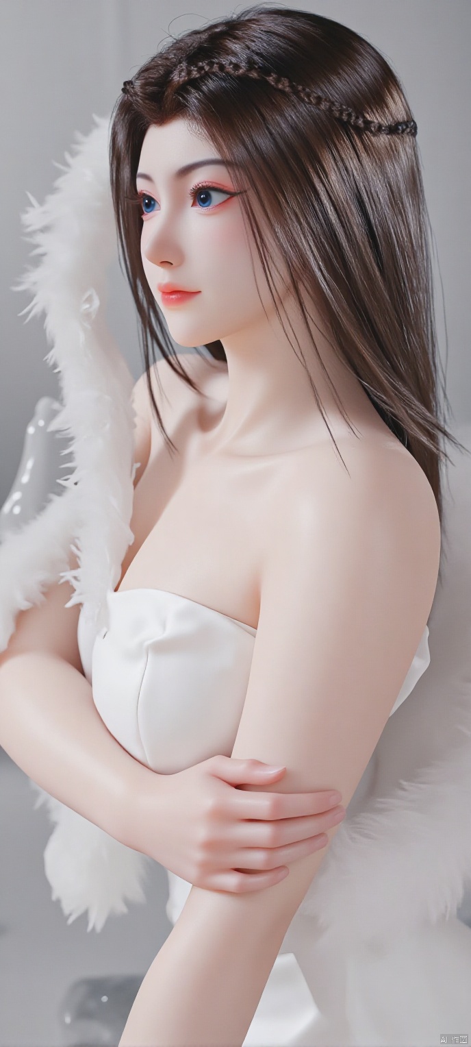 (high definition, Best quality, masterpiece, 4K, exquisite skin), 1girl, solo, breasts, (white dress:1.1), looking at viewer, smile, blue eyes, closed mouth, water